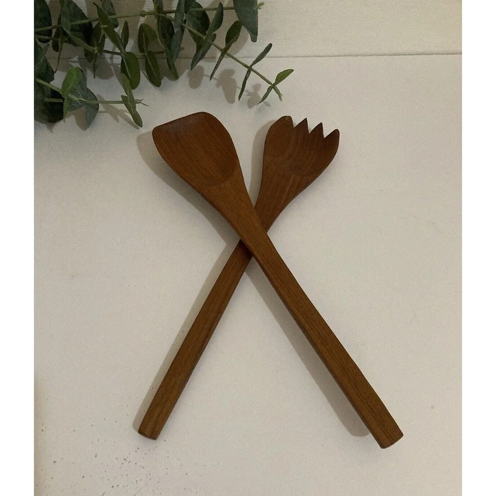 Vtg Teak Wood Salad Serving Set Spoon and Fork Salad Utensils MCM